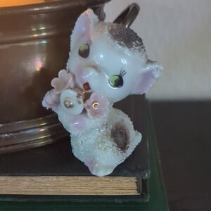 Vintage Ceramic Kitty Figurine with Pink Flower Collar